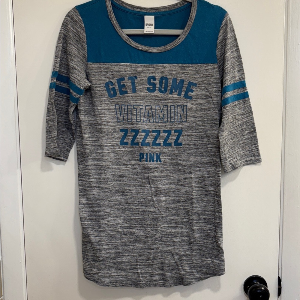 PINK Victoria's Secret  Gray and Teal Long Sleeve Sleepwear Tee